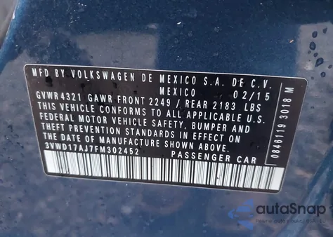 2015 Volkswagen Jetta 1.8T Se z USA, uszkodzony, nr VIN 3VWD17AJ7FM302452